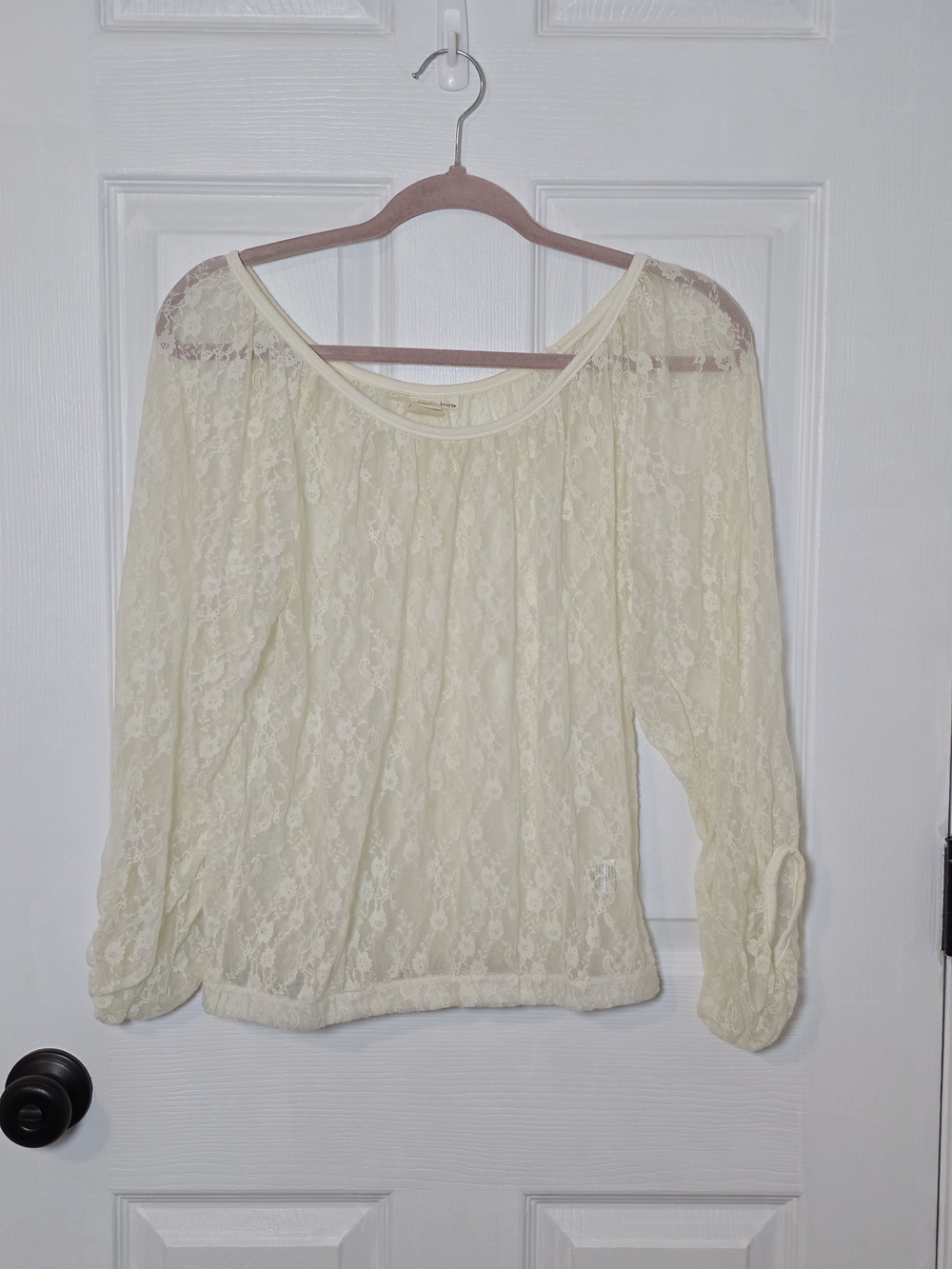 Derek Heart Women’s Cream Lace Peasant Blouse Boho Sheer Long Sleeve Top Large